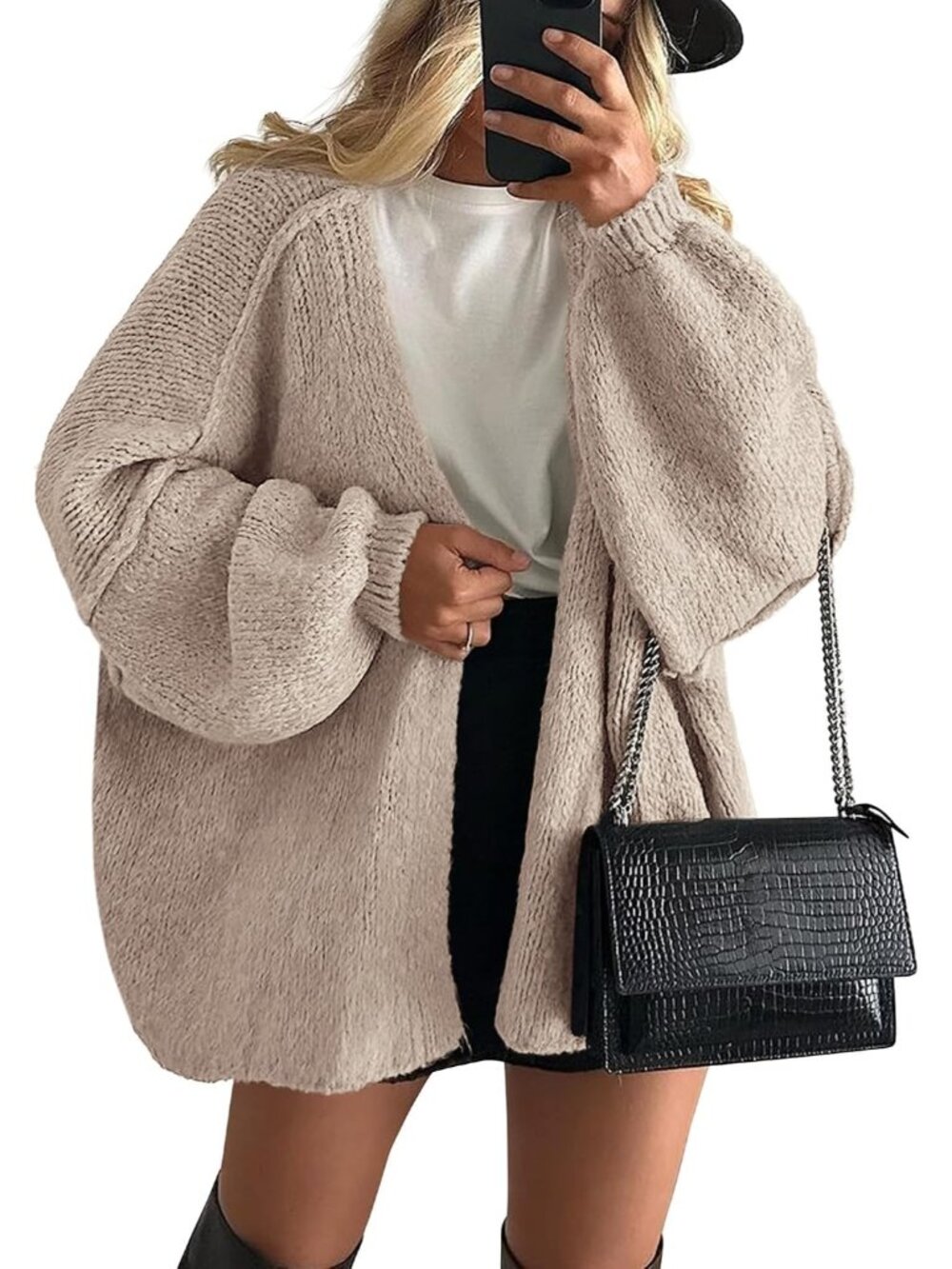 Chic Long Lantern Sleeve Knit Cardigan for Women - Grey Beige Oversized Style